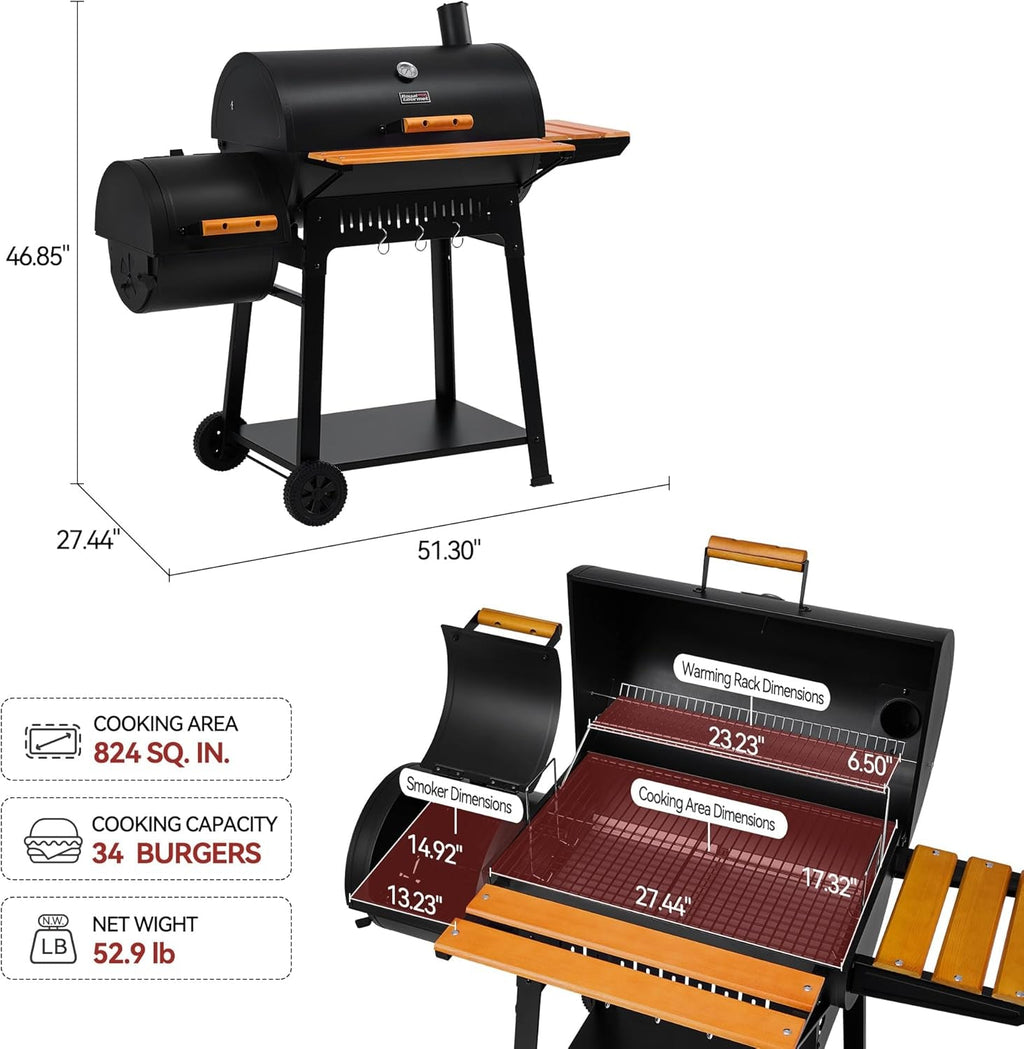 Barrel Charcoal Grill Outdoor Offset Smoker 824 SquareIn-1