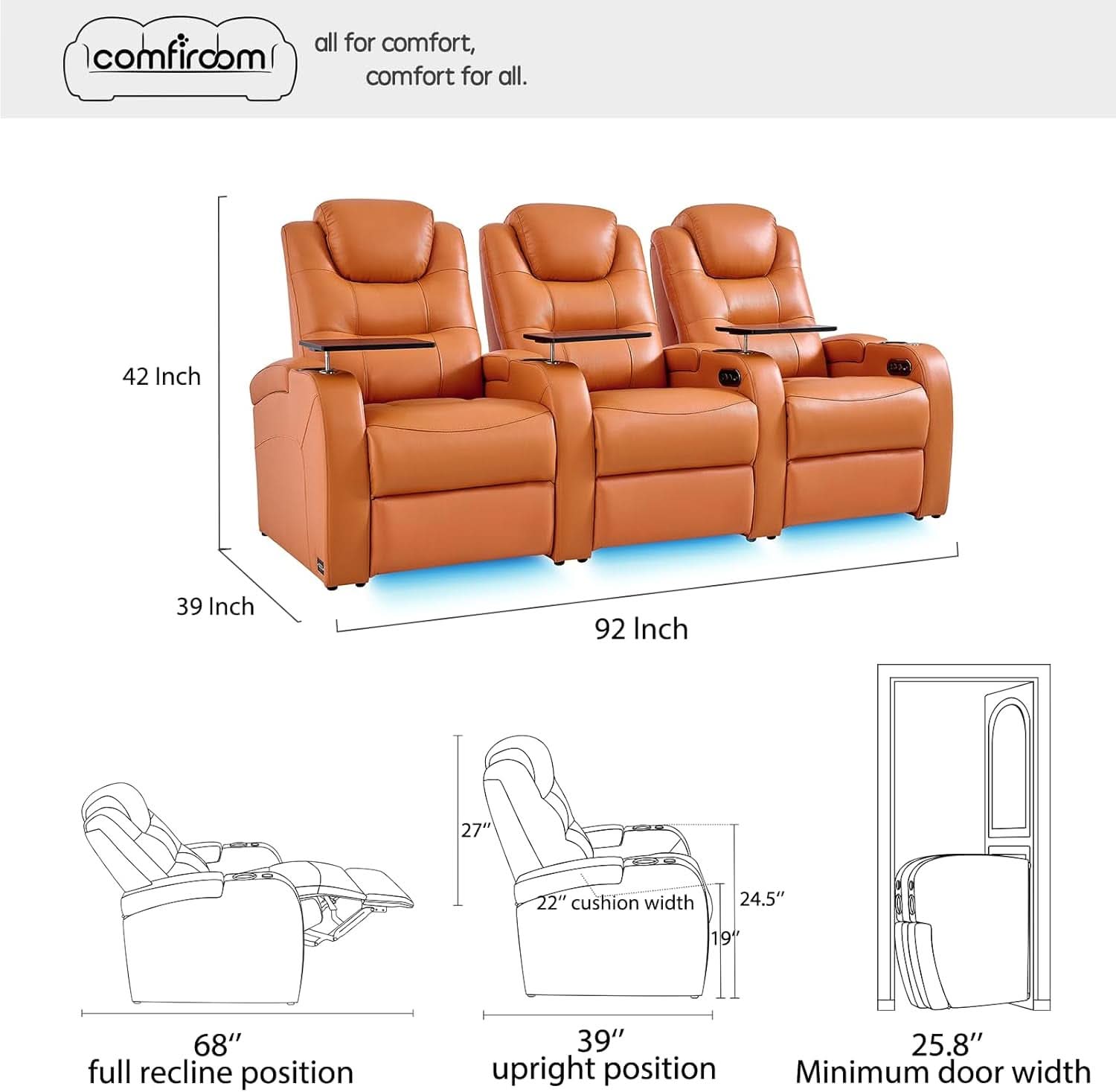 Orange Top Grain Leather Home Theater Seating Row Of Three USB Charger-1
