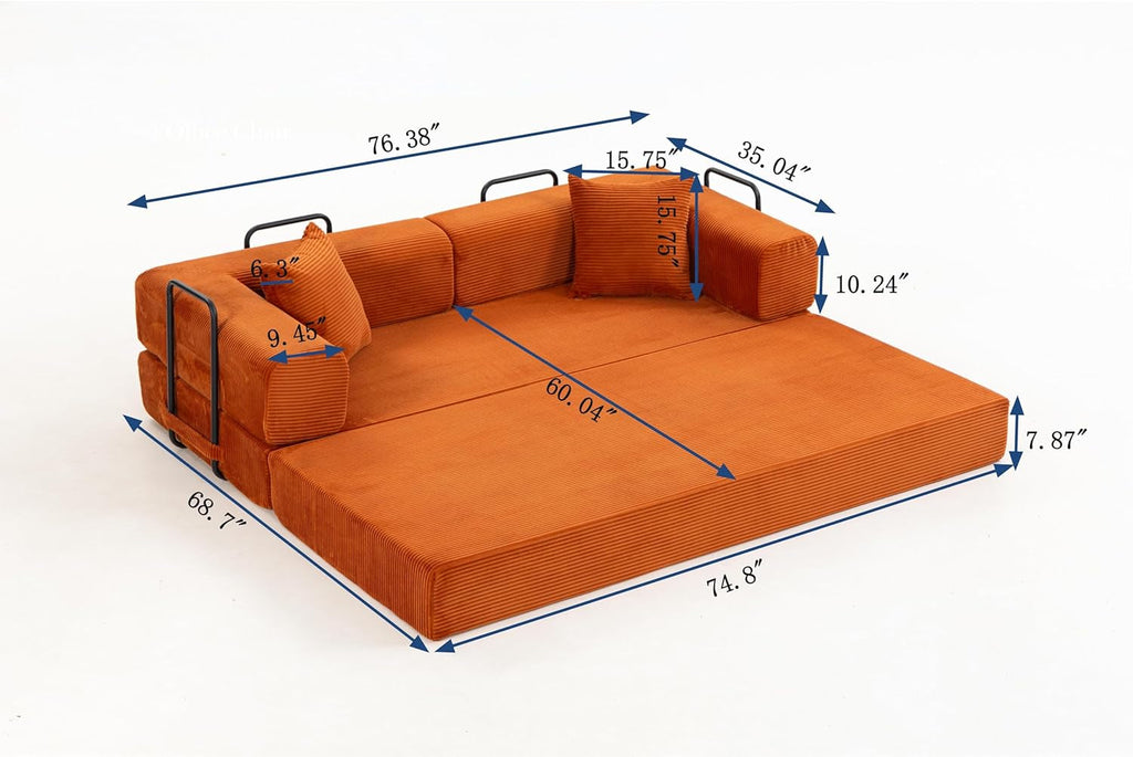 76 Inch Corduroy Premium Futon Sofa Bed For Small Spaces Orange-3