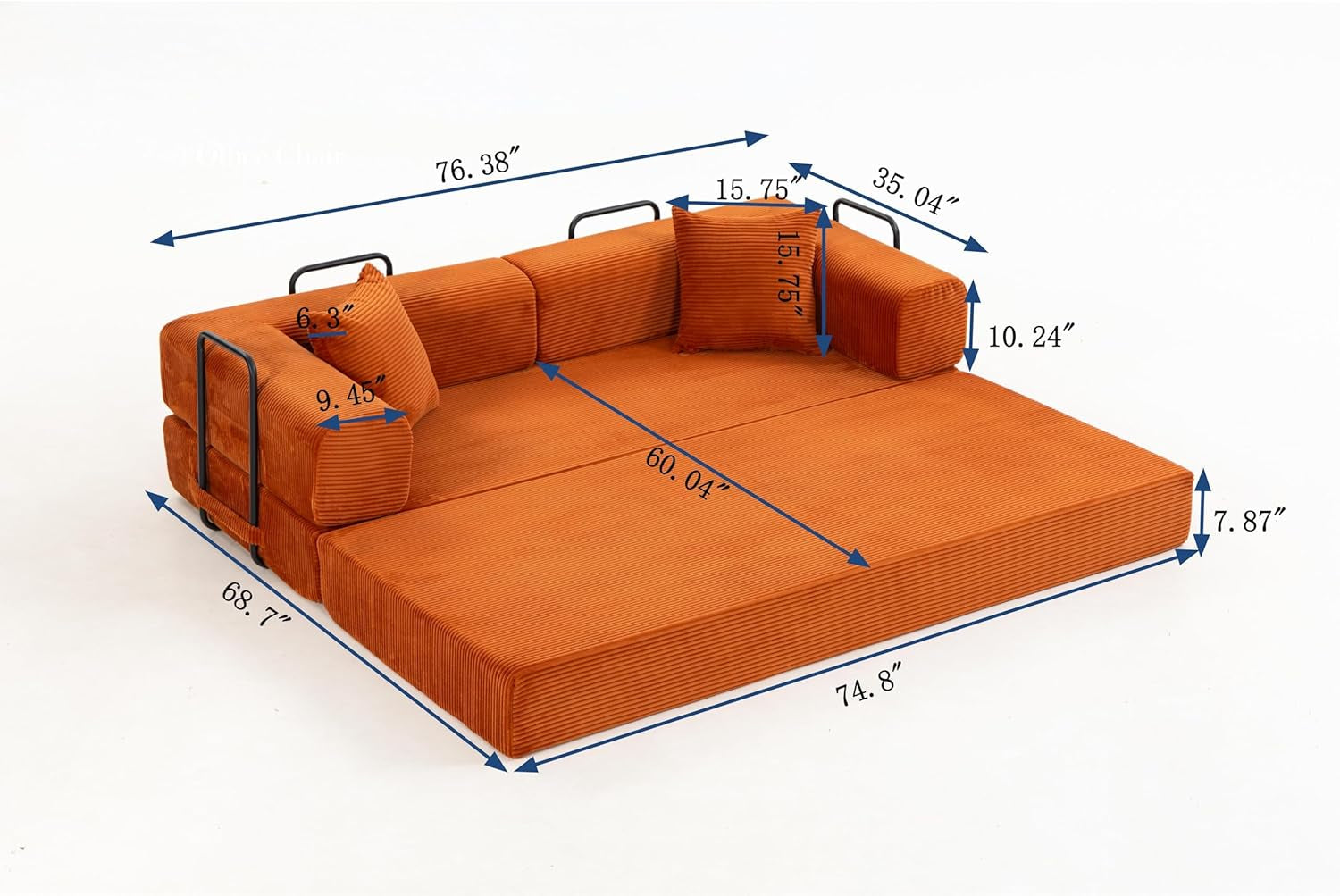 76 Inch Corduroy Premium Futon Sofa Bed For Small Spaces Orange-3