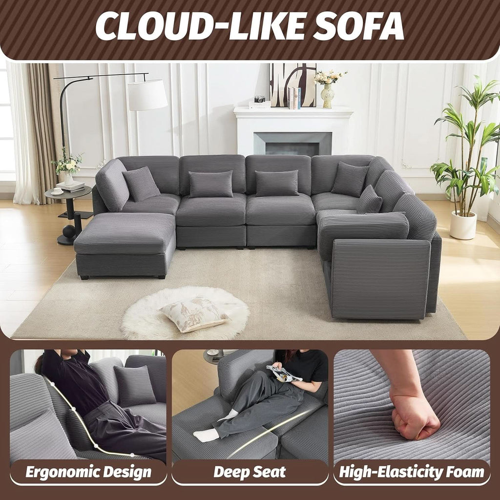 125Inch Oversized Corduroy Cloud Sleeper Grey Sofa-4