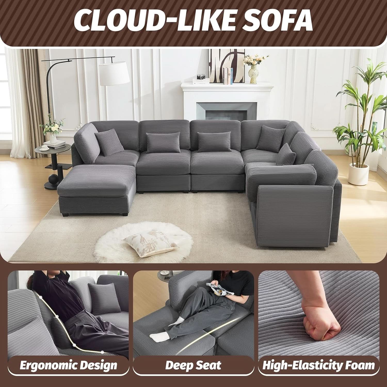 125Inch Oversized Corduroy Cloud Sleeper Grey Sofa-4