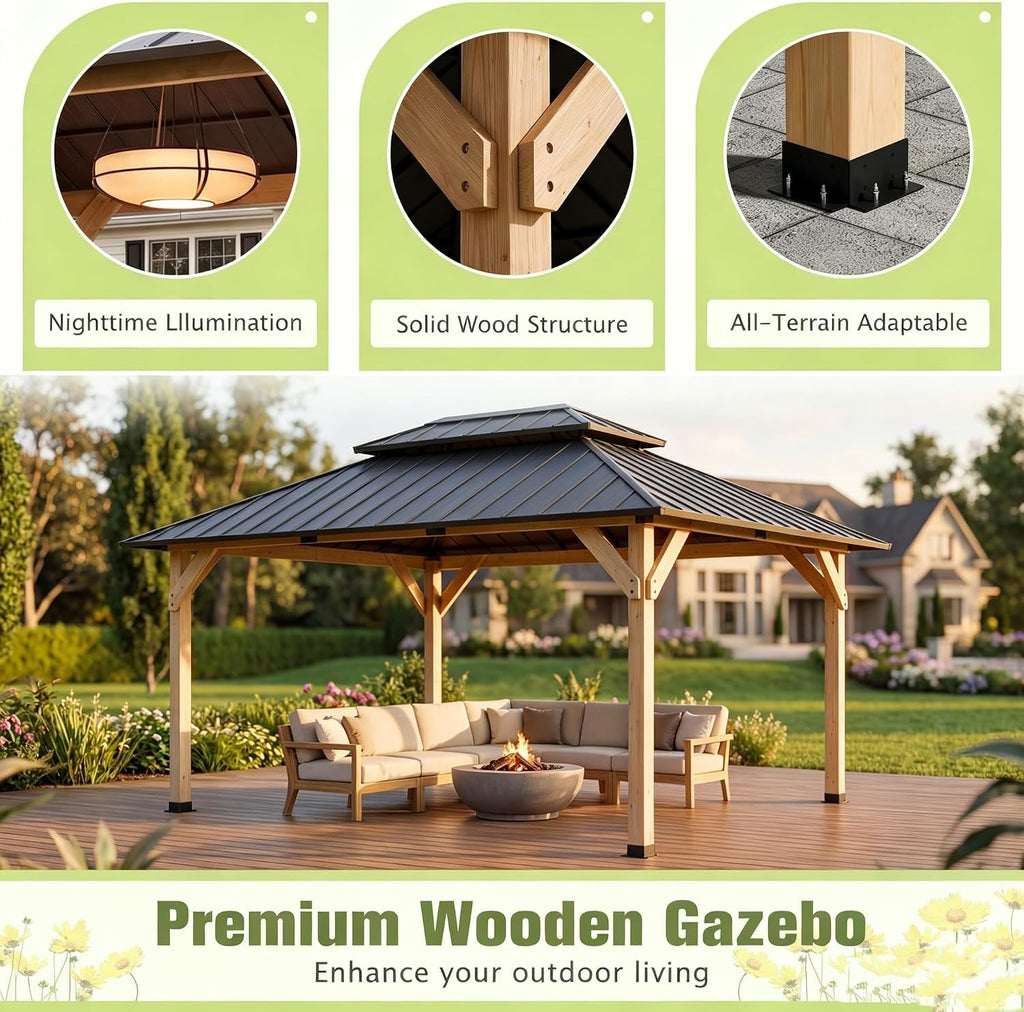10x12 Wooden Gazebo With Galvanized Rainproof Roof-4