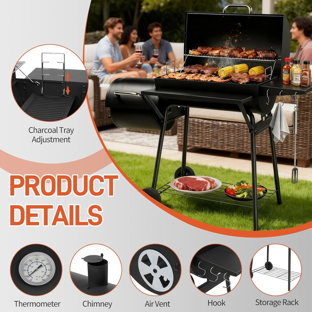 Barrel Charcoal Grill With Offset Smoker Large Capacity-2