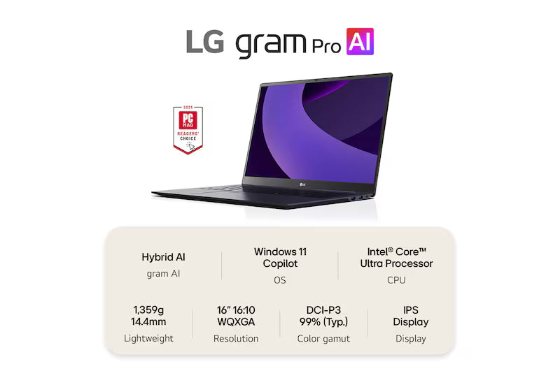 LG gram Pro 16" |32 GB RAM| Intel® Core™ Ultra 7 255H | gram Dual AI | NVIDIA GeForce RTX 5050-4