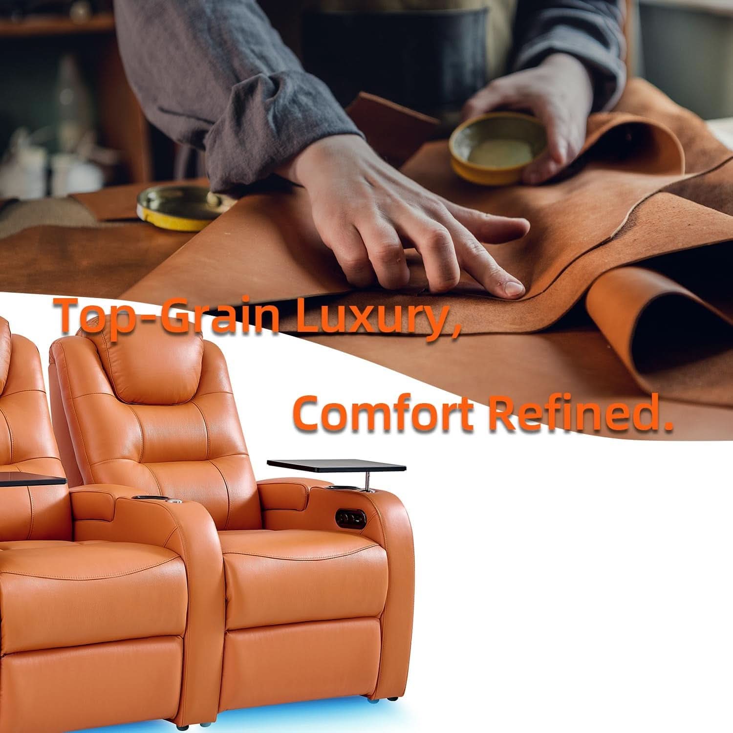 Orange Top Grain Leather Home Theater Seating Row Of Three USB Charger-4