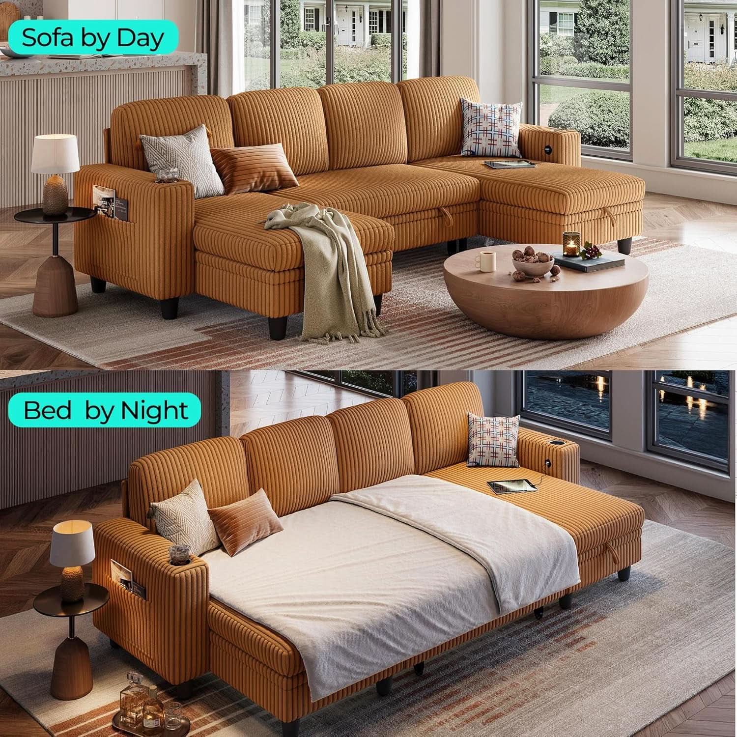 Brown UShaped Convertible Sectional Sofa Bed USBPort-2