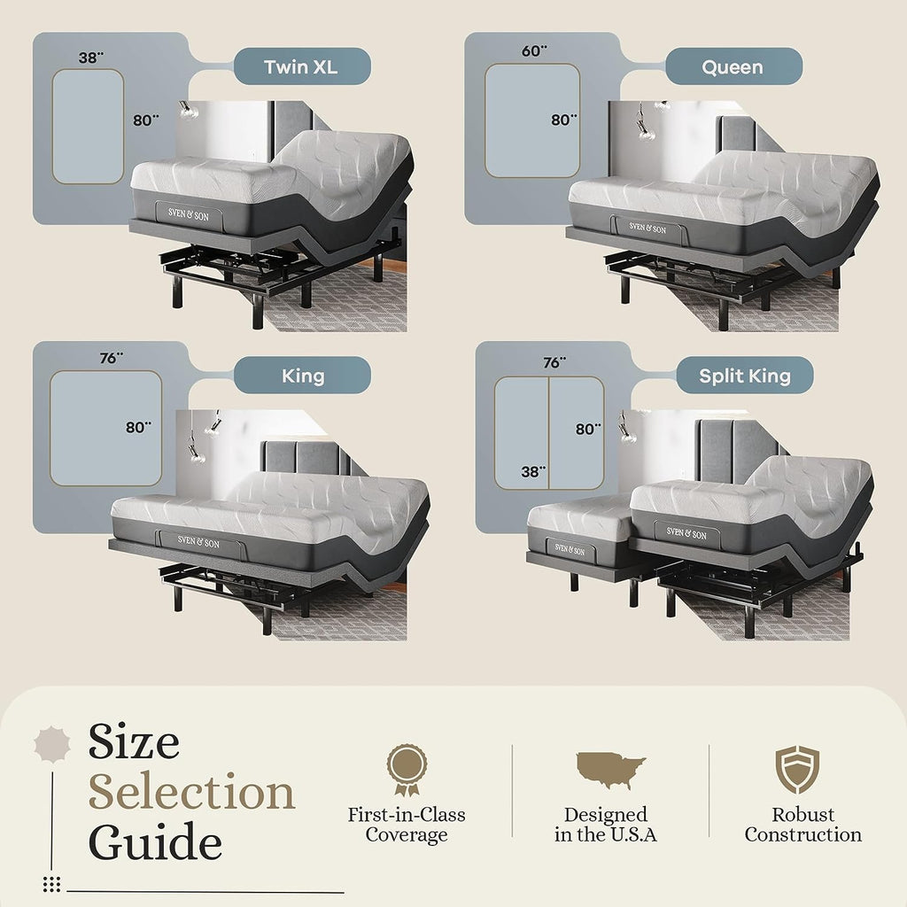 Sven & Son Classic Adjustable Bed Base, Head and Foot Lift, Massage, Under-Bed Lights, USB, Gel Memory, Zero Gravity Smart Frame - Queen + 12 Inch Memory Foam Matt (Medium)