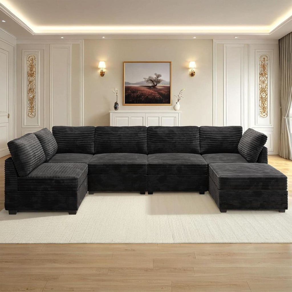 Modular Sectional Sofa Black Corduroy Convertible Sleeper-2