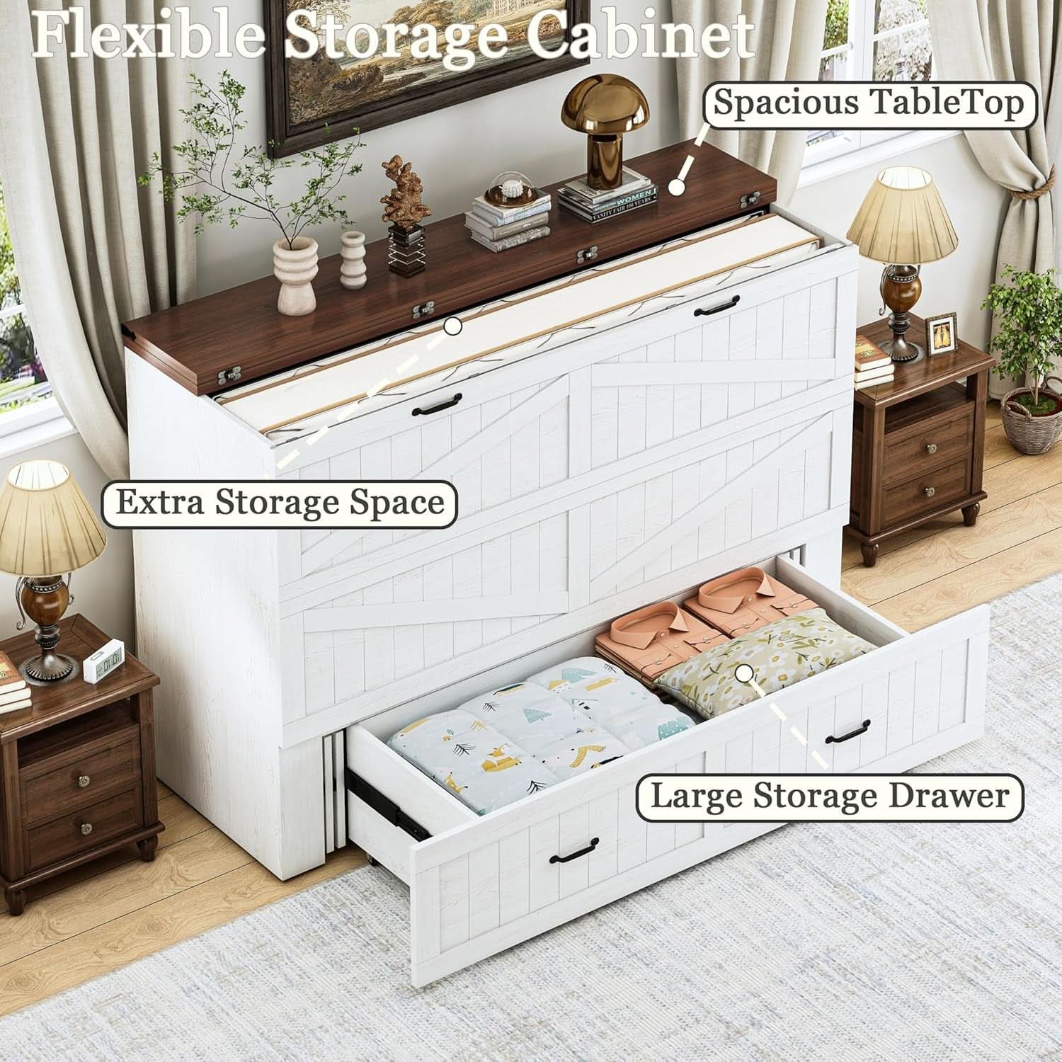 Queen Murphy Bed Frame Integrated Charging Station White