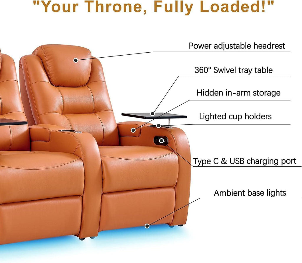 Orange Top Grain Leather Home Theater Seating Row Of Three USB Charger-3