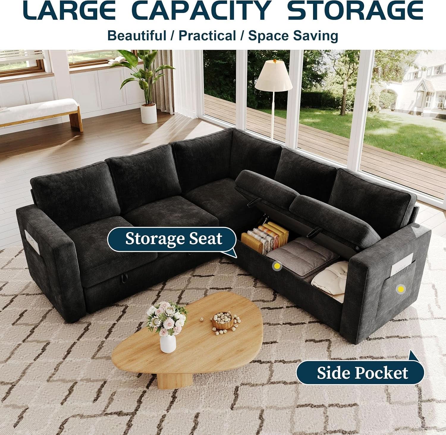 Black 83Inch Deluxe Sleeper Sectional Sofa With Storage-3
