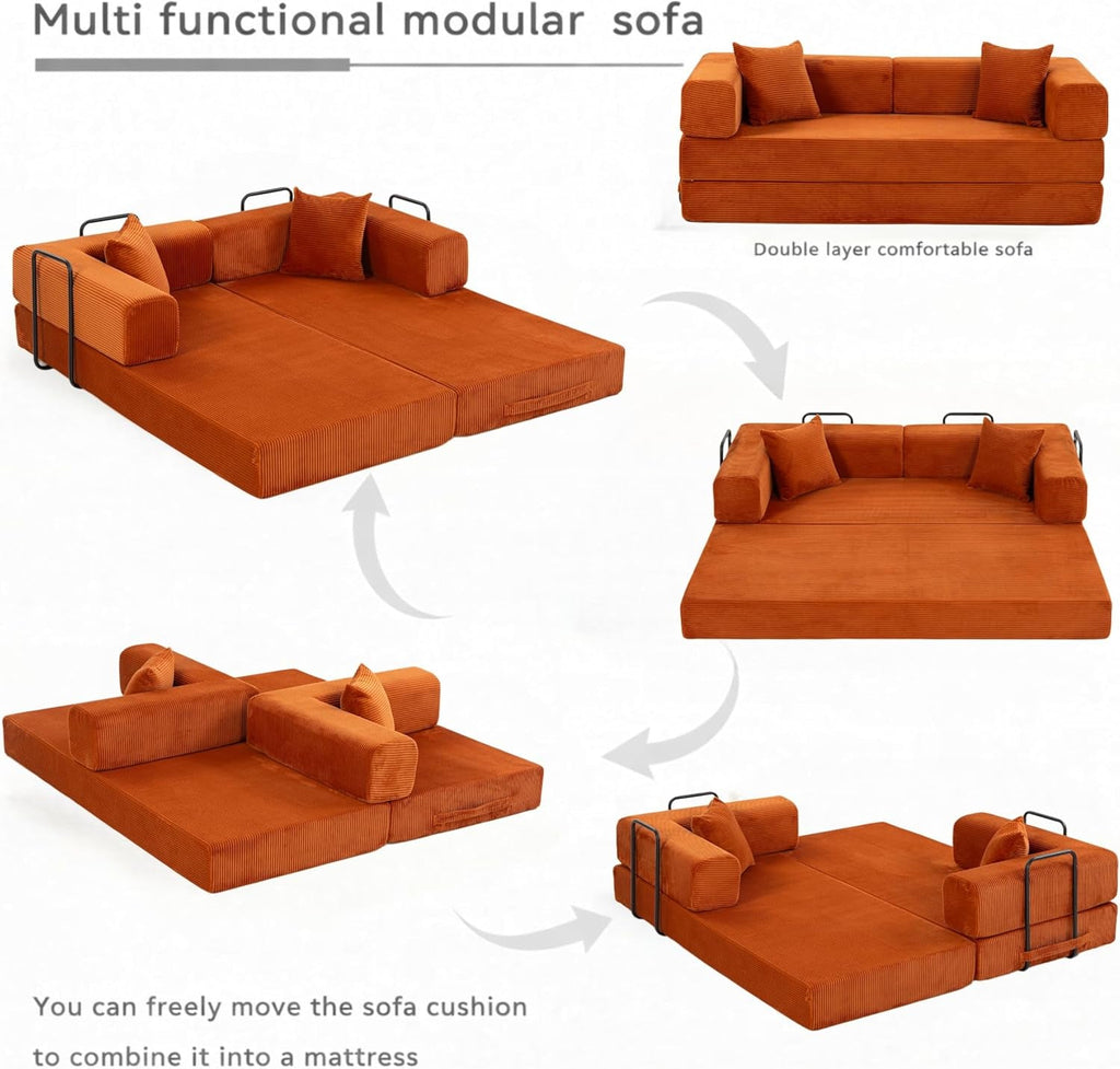 76 Inch Corduroy Premium Futon Sofa Bed For Small Spaces Orange-4
