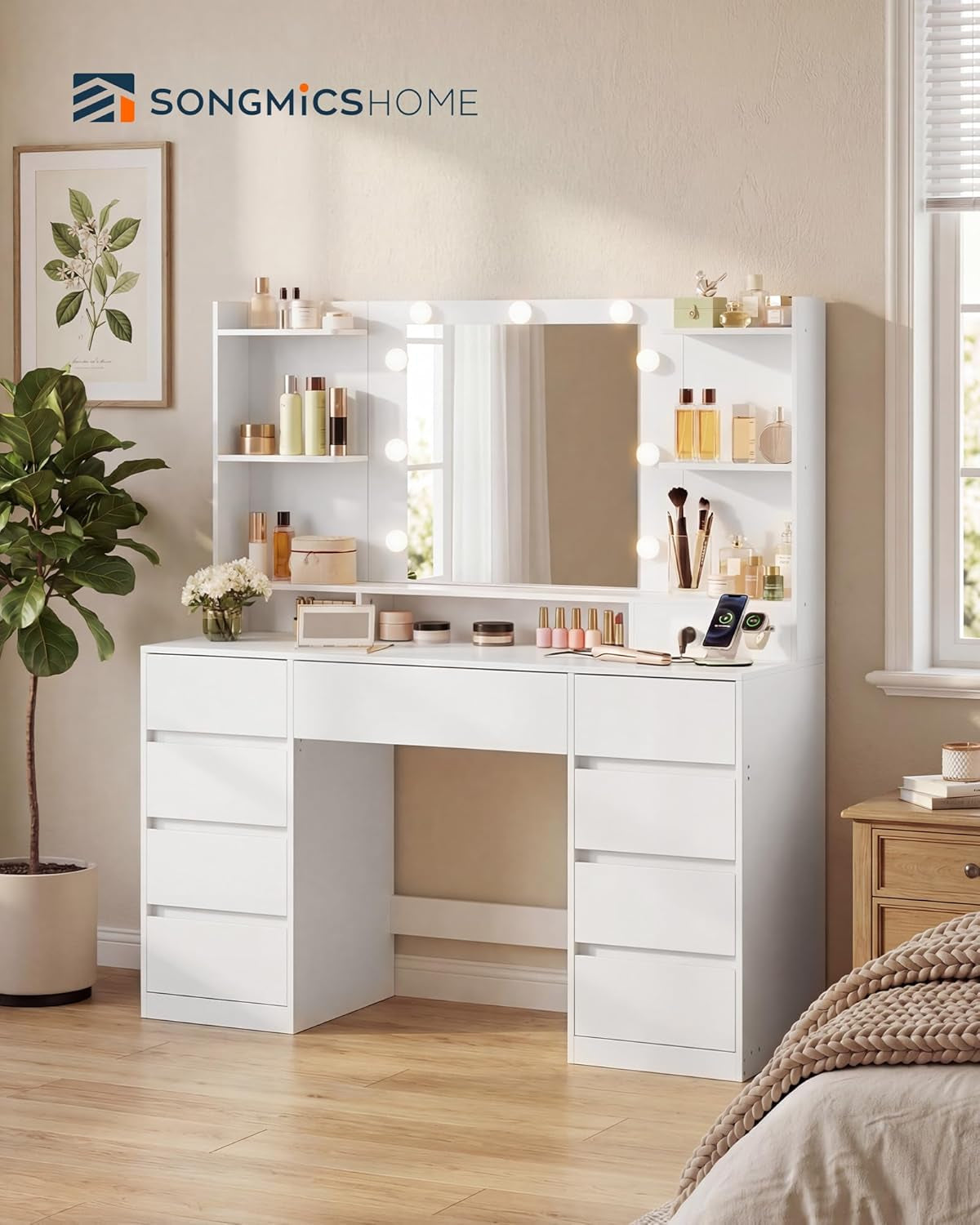 White Makeup Vanity Desk With Integrated LED Mirror-1