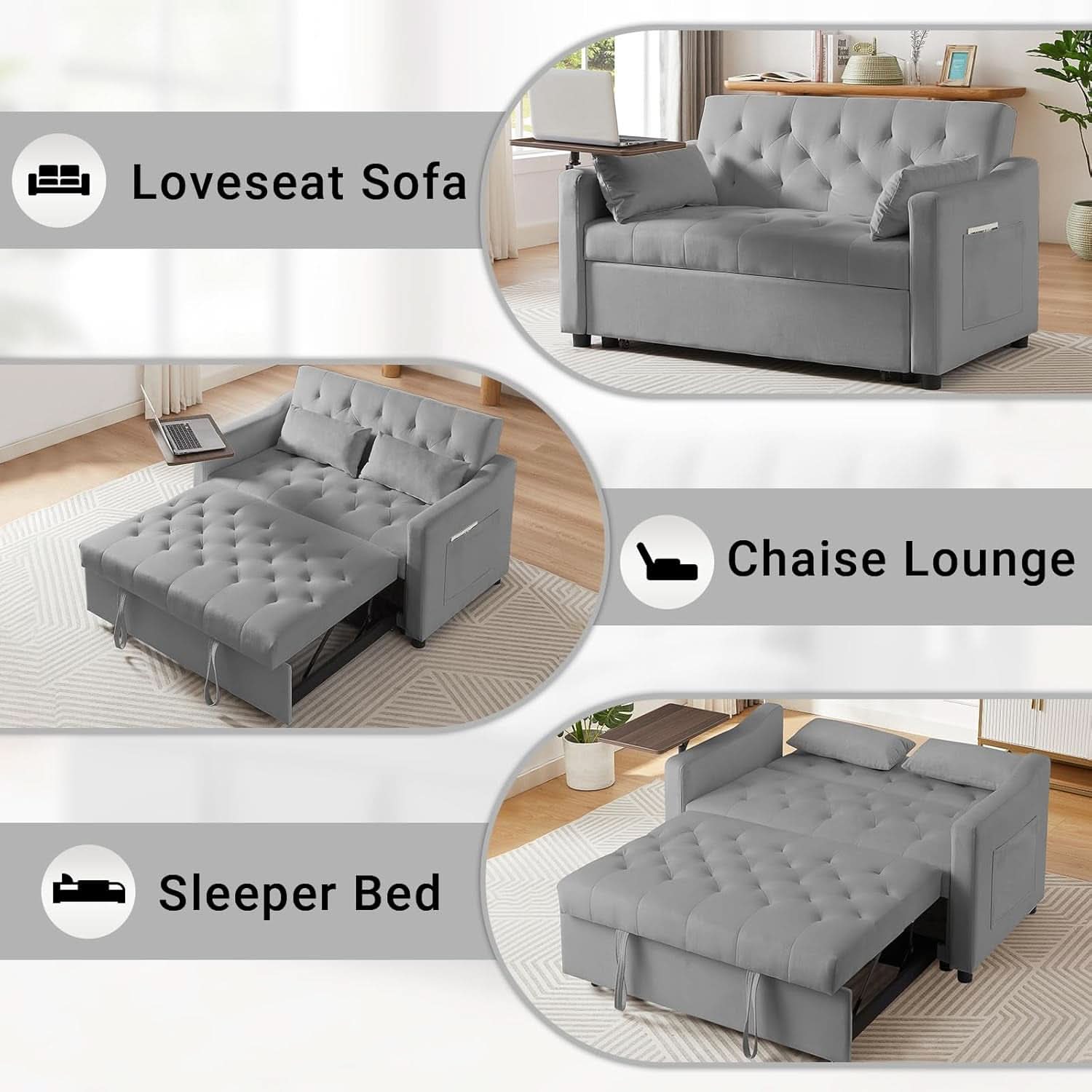 Grey Adjustable Backrest Convertible Sleeper Sofa Bed-2