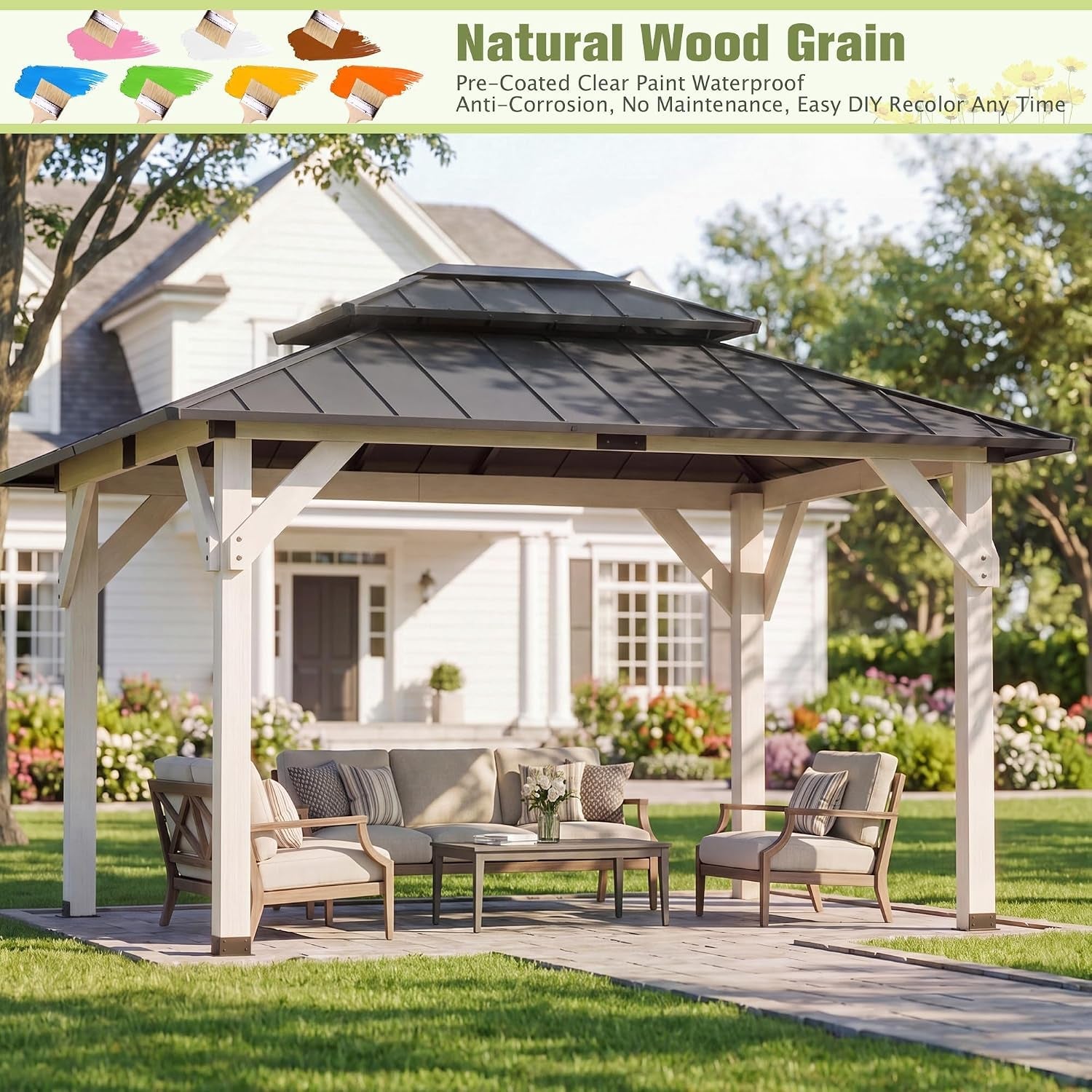 10x12 Wooden Gazebo With Galvanized Rainproof Roof-1