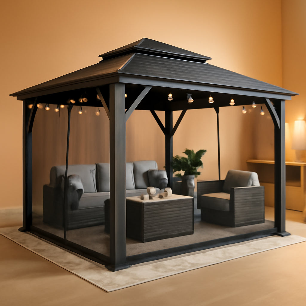 12x14 Grey Hardtop Gazebo With LED Illumination System-0