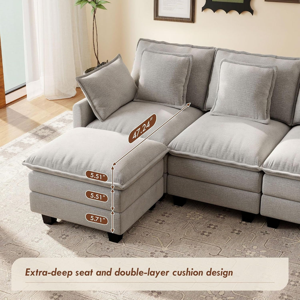 106-Inch U-Shaped Modular Sectional Sofa with Ottoman, Grey Chenille-3