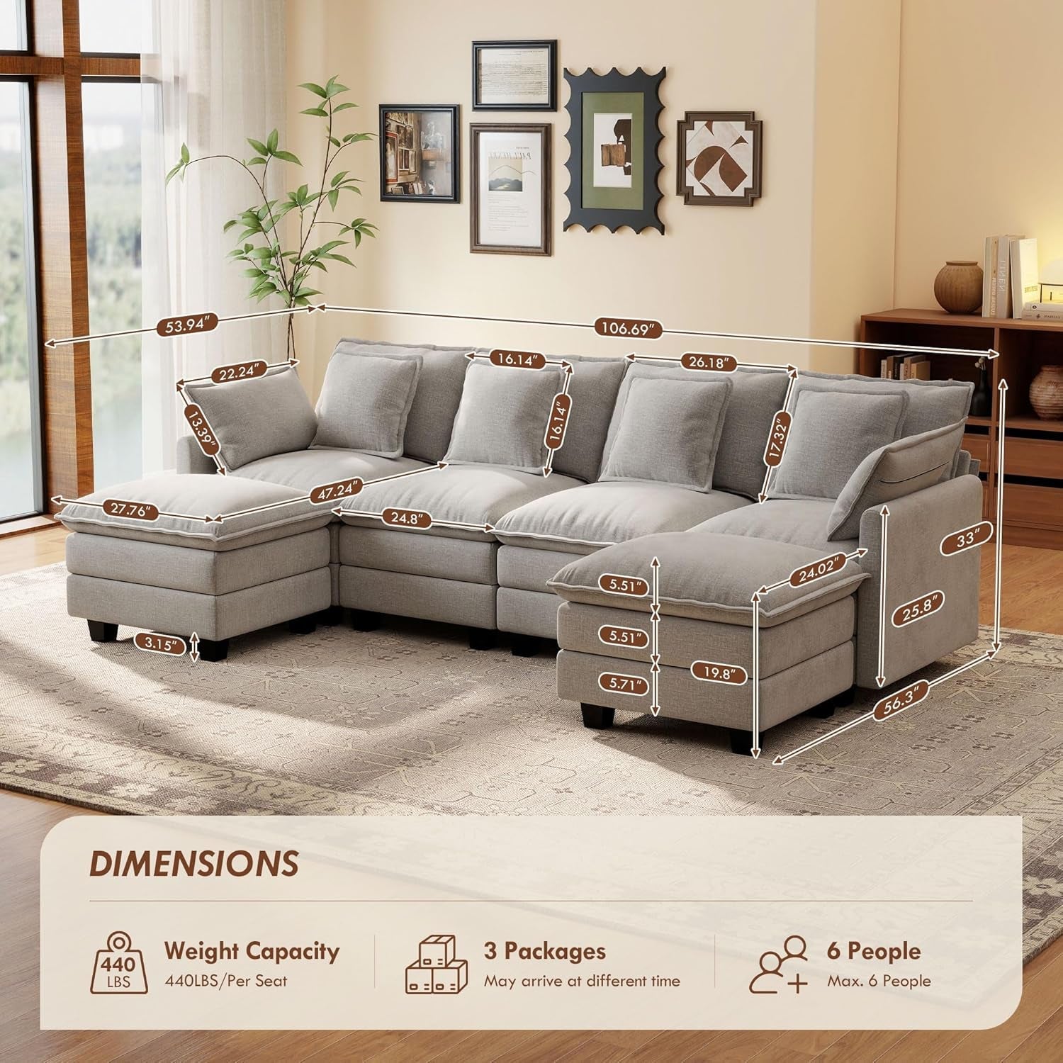 106-Inch U-Shaped Modular Sectional Sofa with Ottoman, Grey Chenille-1