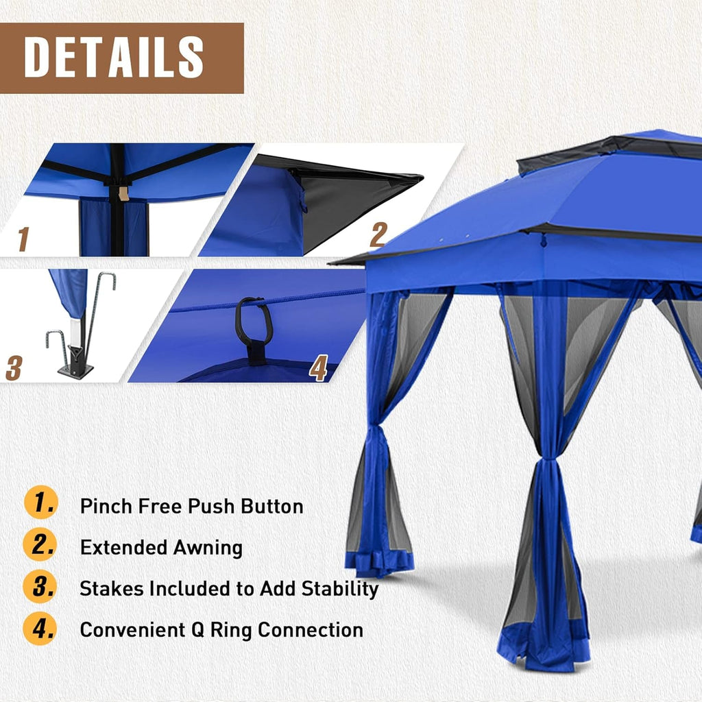 11x11Ft Pop Up Gazebo Blue UV Protection Netting UPF50-3