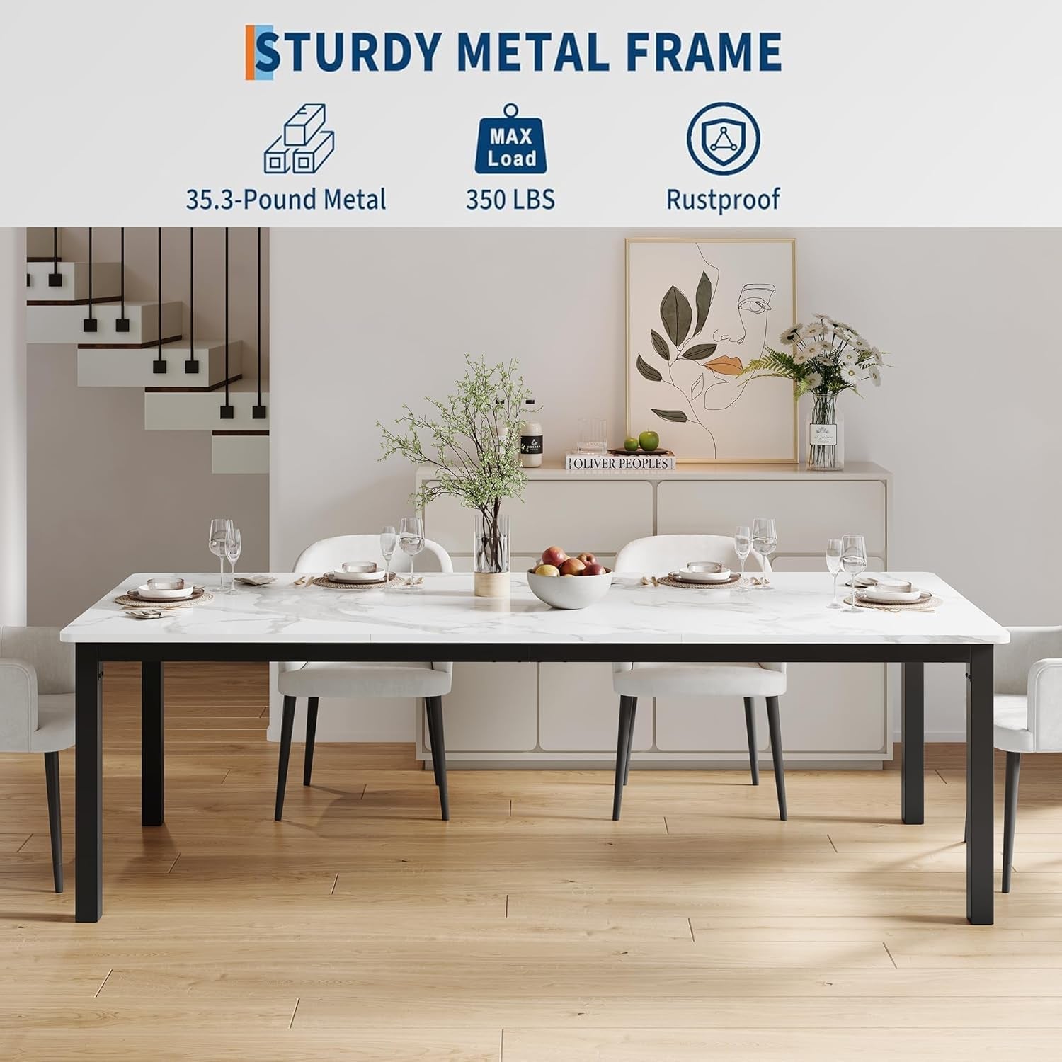 78 Inches Marble Industrial Rectangular Dining Table-2