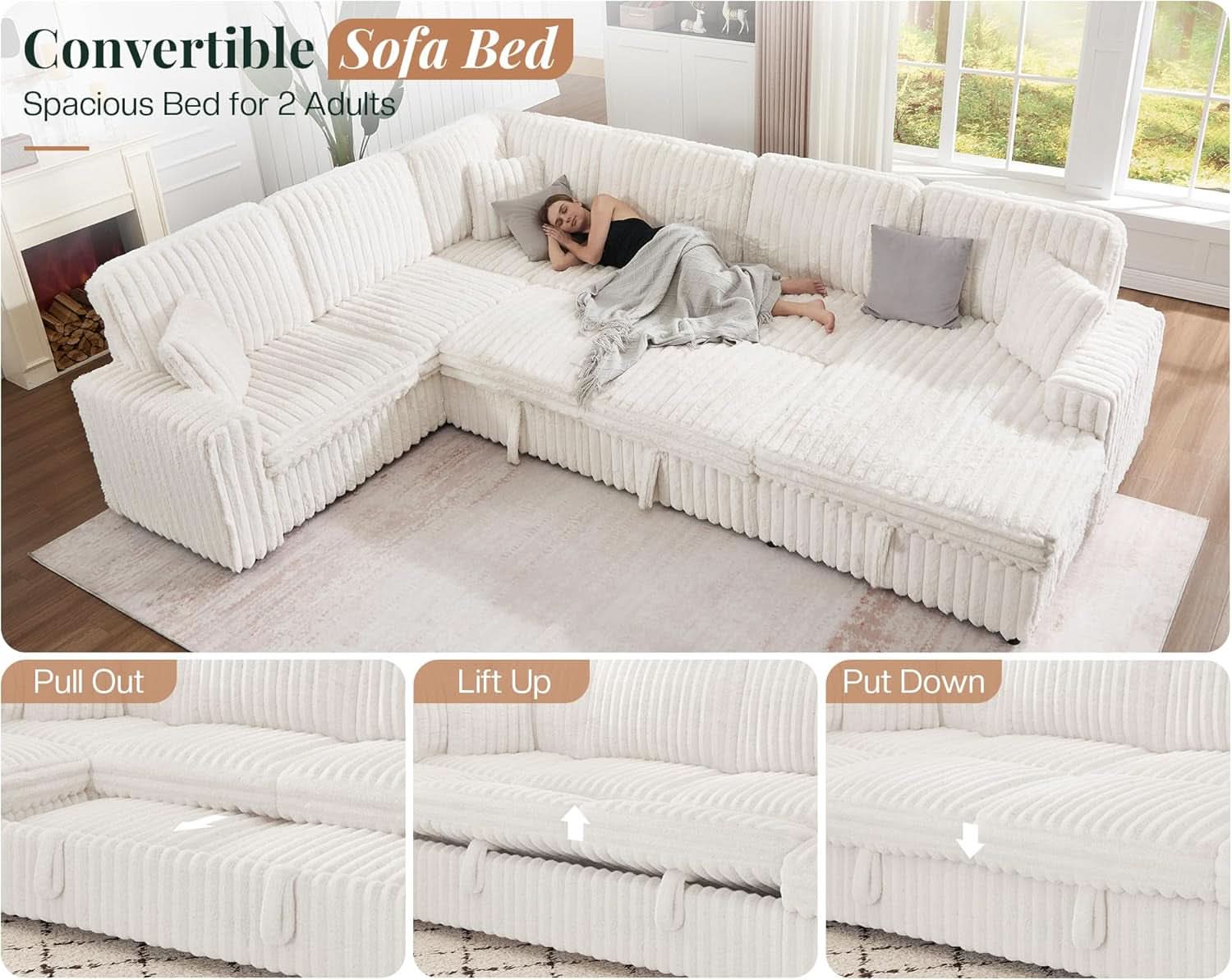 One Hundred Thirty Inch Sleeper Sofa With White Faux Fur-4