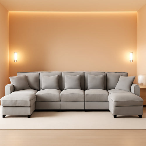 106-Inch U-Shaped Modular Sectional Sofa with Ottoman, Grey Chenille-0