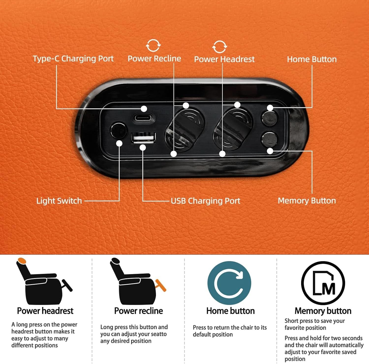 Orange Top Grain Leather Home Theater Seating Row Of Three USB Charger-2