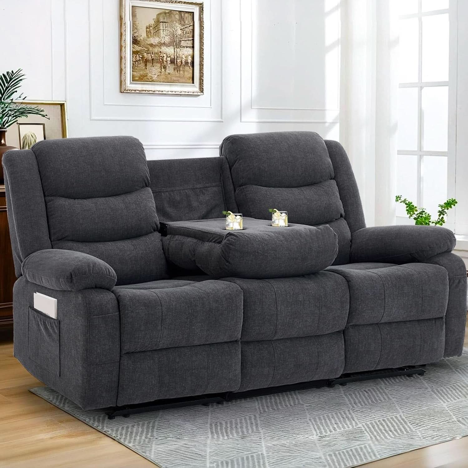 Grey Oversized 3 Seater Reclining Sofa With Console-0