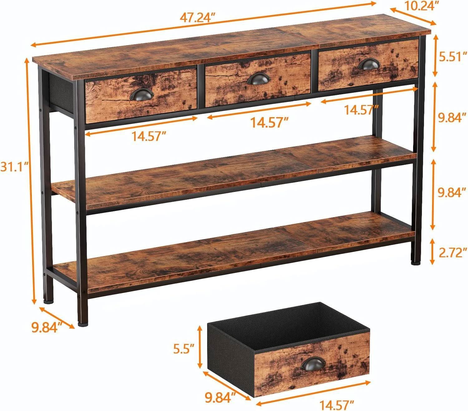 47-Inch Rustic Brown Console Table with 3 Drawers and Storage Shelves-2