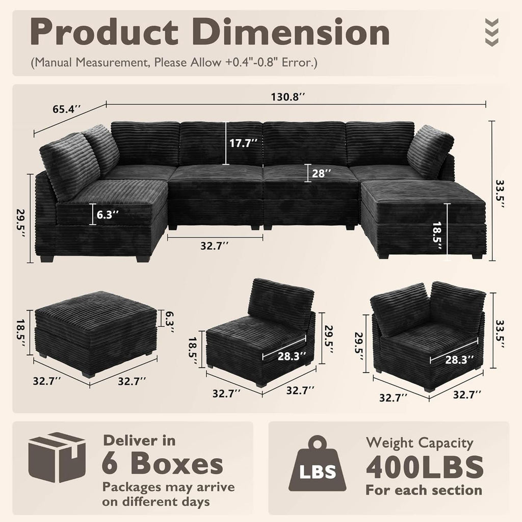 Modular Sectional Sofa Black Corduroy Convertible Sleeper-1