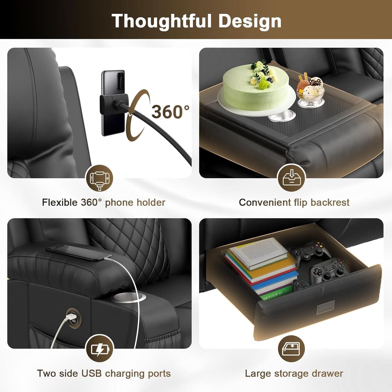 Three Seat Recliner Sofa With Flip Backrest And USB Ports-3