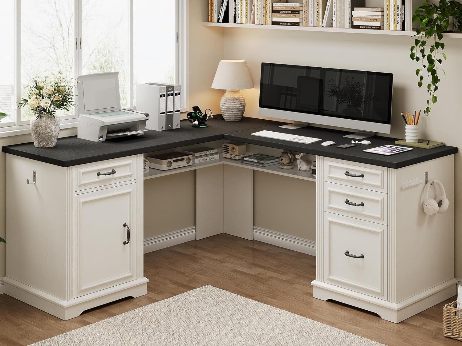Bead board Two Tone White Black L Shaped Desk 59 Inch Wide-0