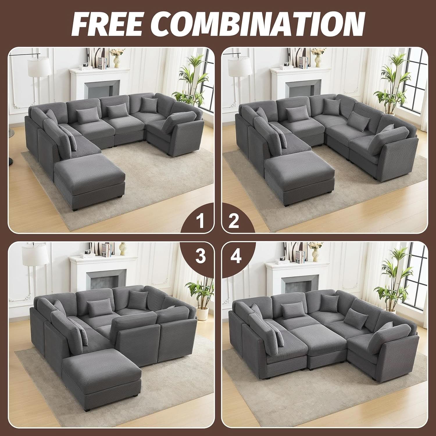 125Inch Oversized Corduroy Cloud Sleeper Grey Sofa-3