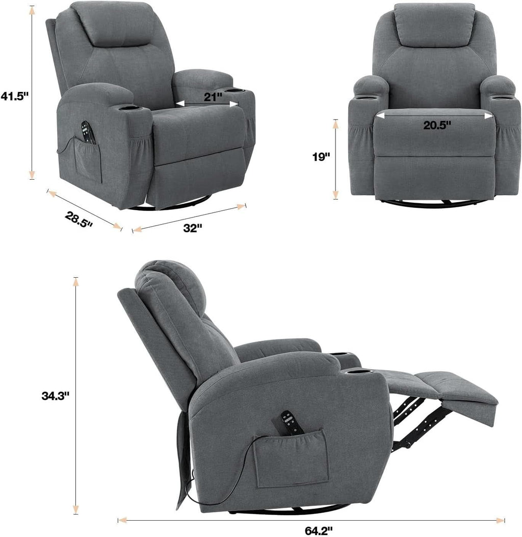 Gray Massaging Recliner With Cupholders Extendable Footrest-1