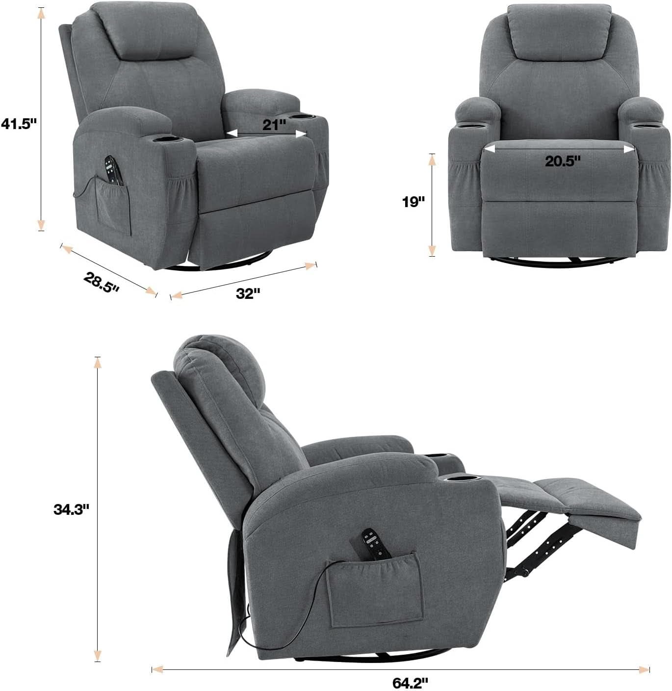 Gray Massaging Recliner With Cupholders Extendable Footrest-1