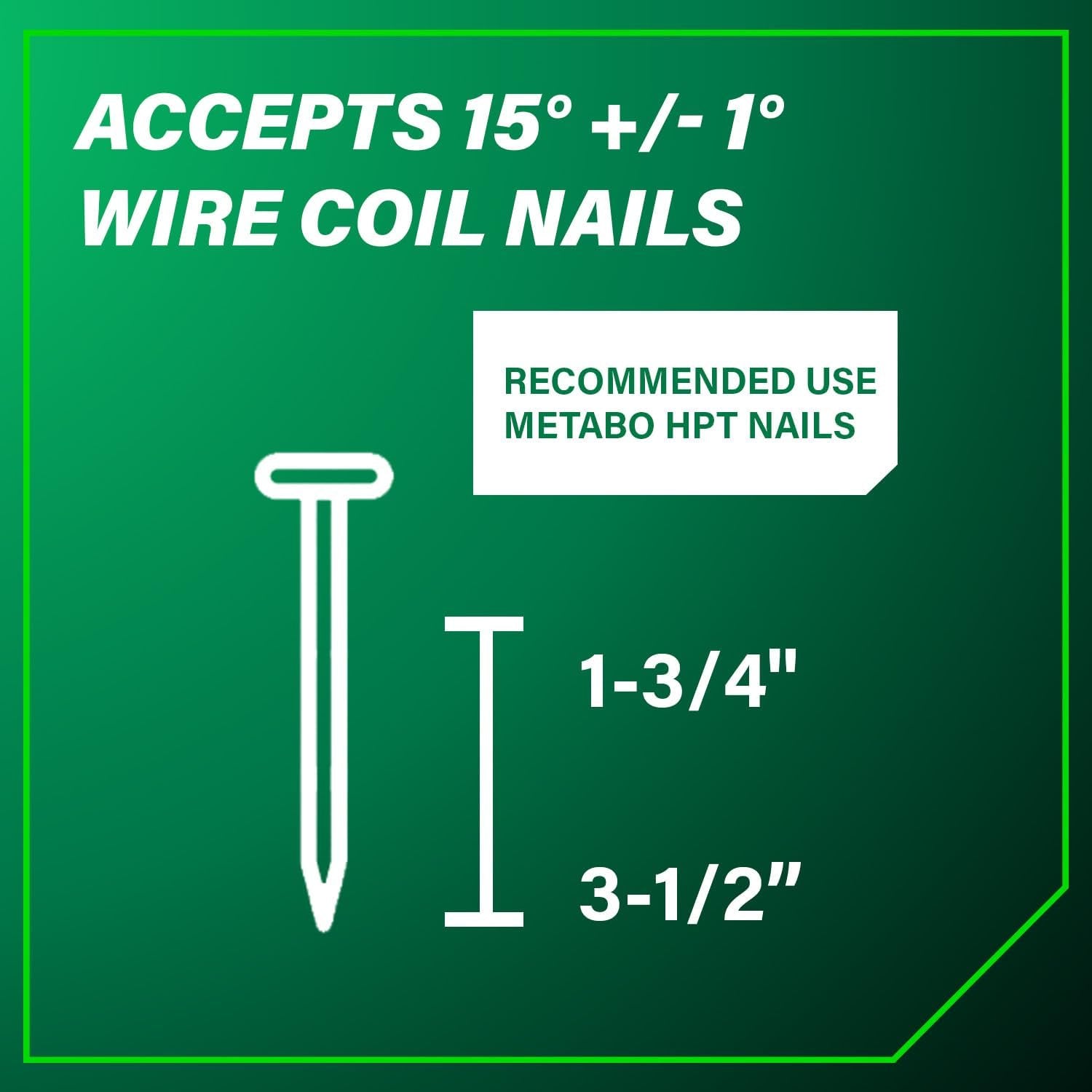 Metabo HPT Coil Framing Nailer, 15° Nails, NV90AGS | Pneumatic Power, Construction Tools, Roof Decking Support, Floor & Truss Applications, 1-3/4 to 3-1/2 In