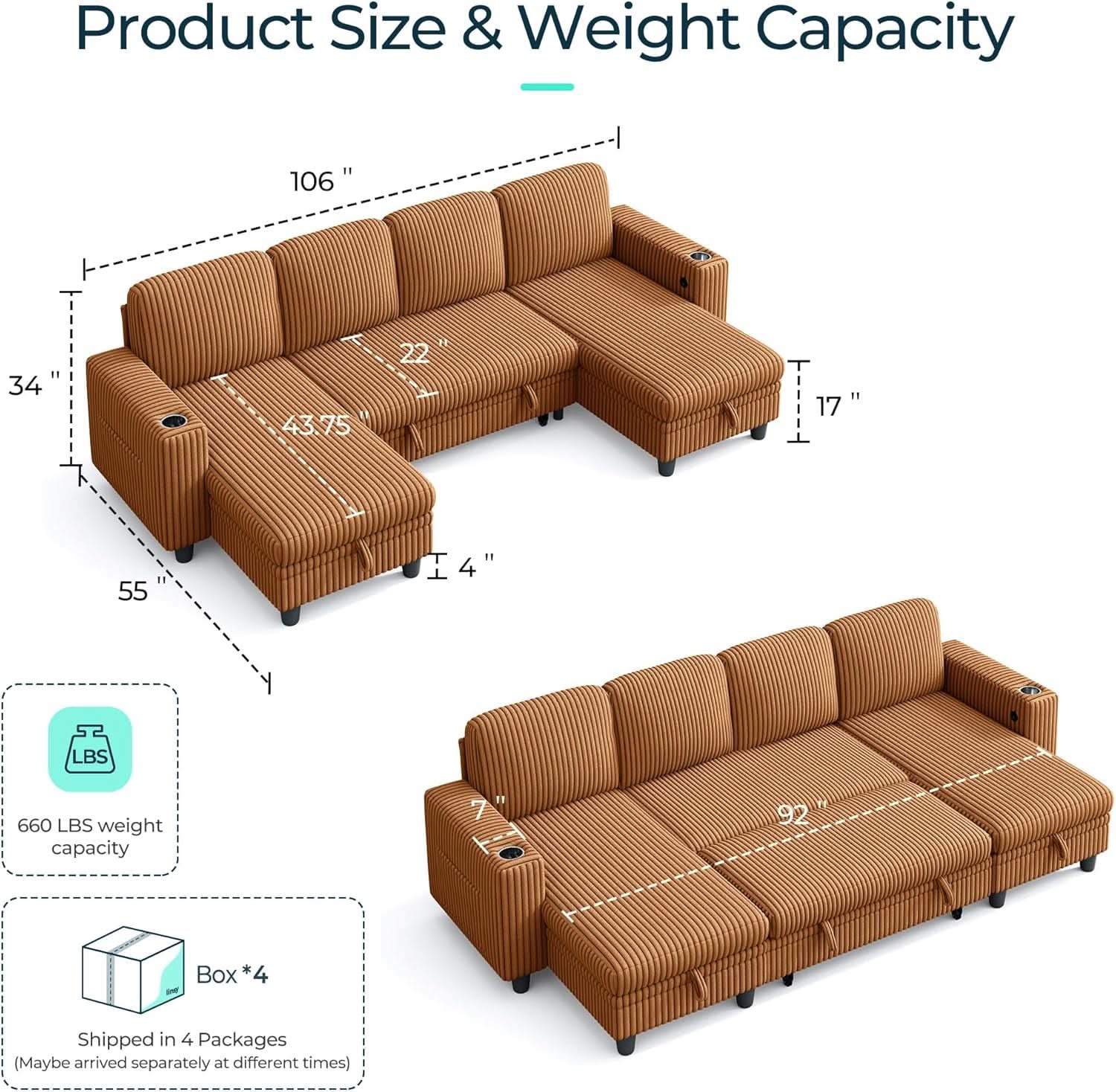 Brown UShaped Convertible Sectional Sofa Bed USBPort-1