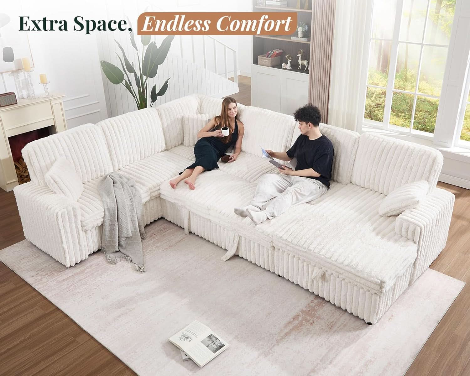 One Hundred Thirty Inch Sleeper Sofa With White Faux Fur-1