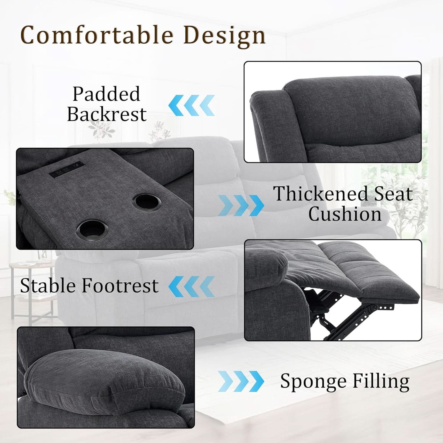 Grey Oversized 3 Seater Reclining Sofa With Console-4