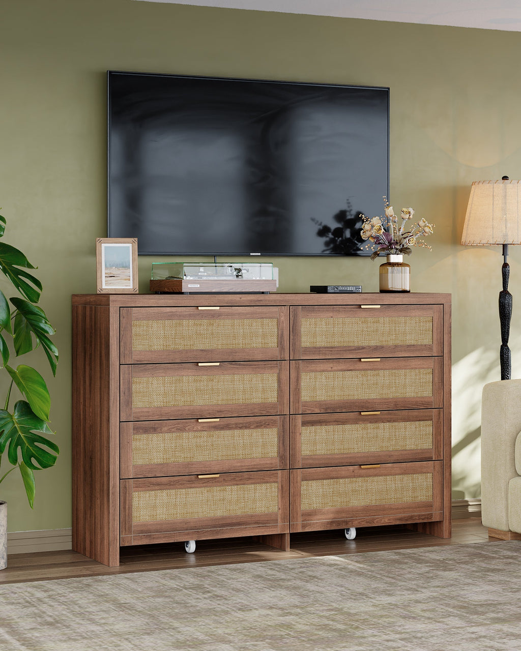 8 Large Drawers Dresser, 55” Rattan Dresser with Ample Storage- Yanosaku