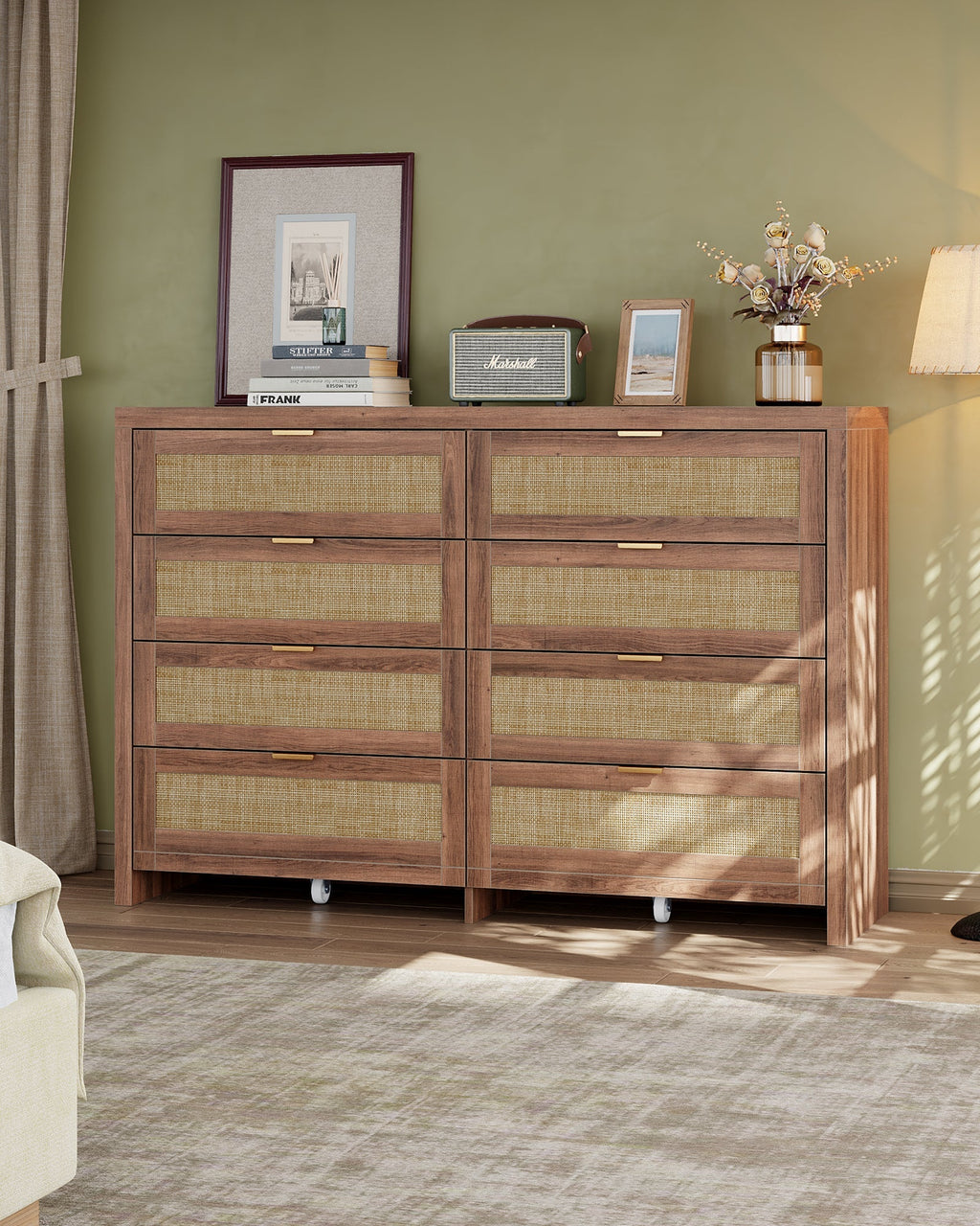 8 Large Drawers Dresser, 55” Rattan Dresser with Ample Storage- Yanosaku
