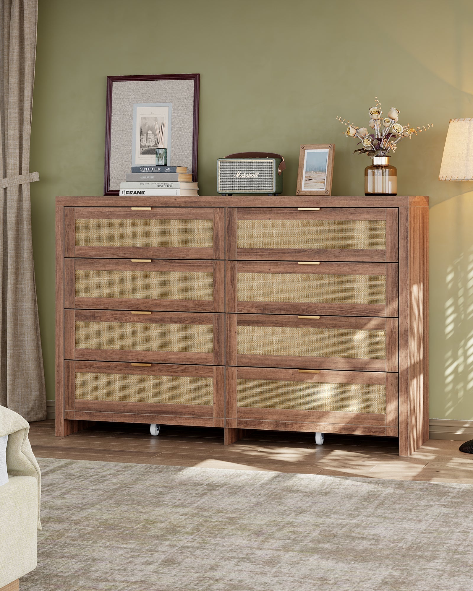 8 Large Drawers Dresser, 55” Rattan Dresser with Ample Storage- Yanosaku