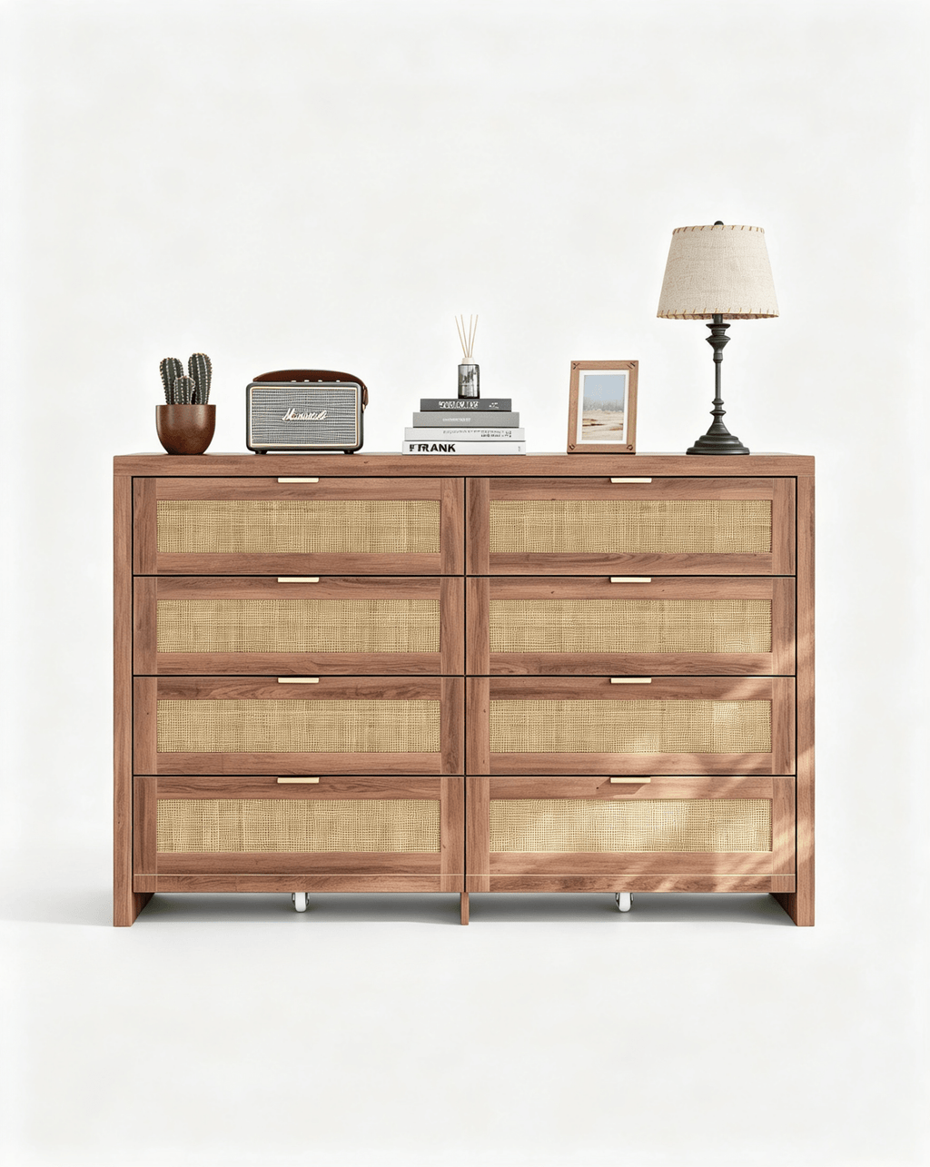 8 Large Drawers Dresser, 55” Rattan Dresser with Ample Storage- Yanosaku