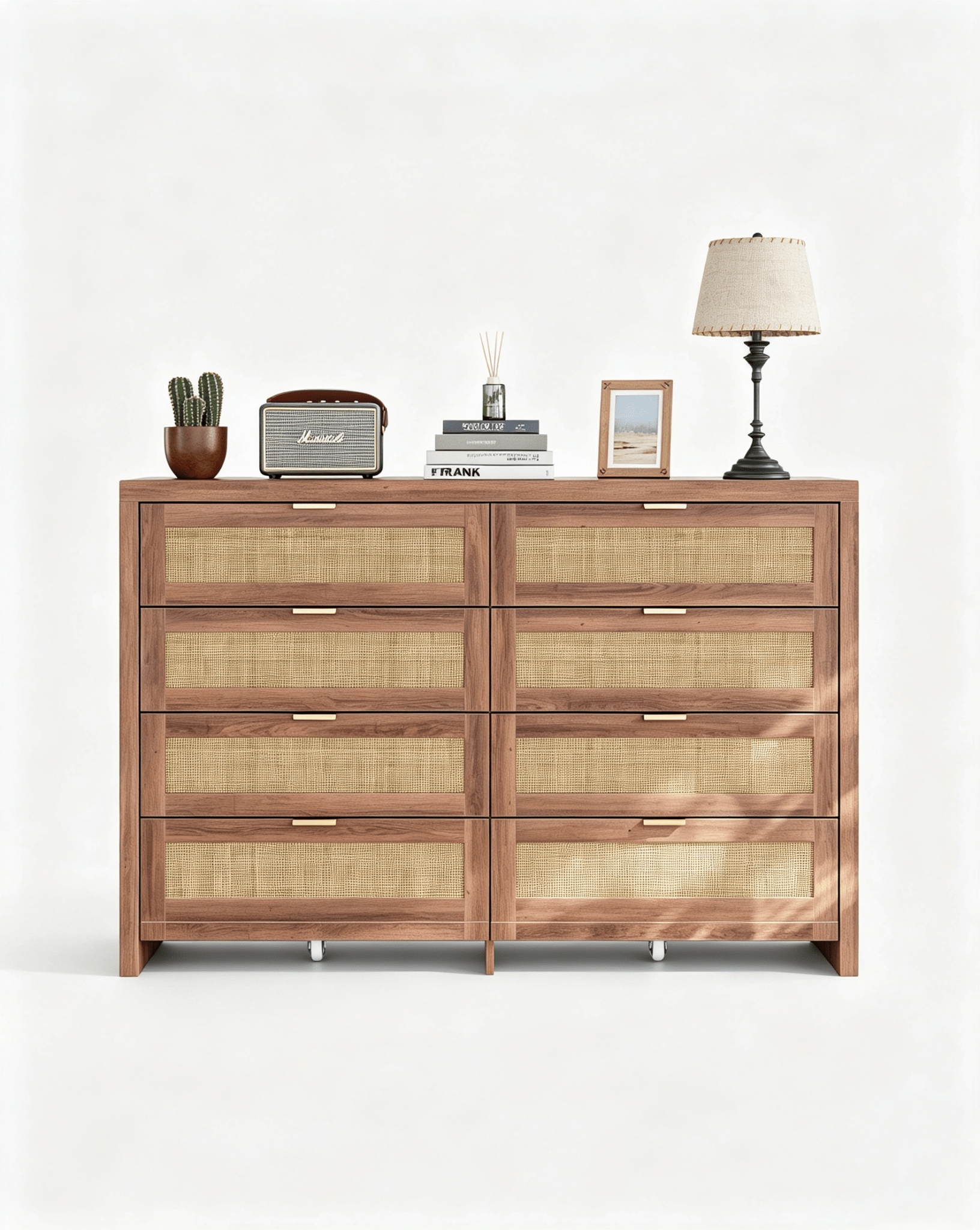 8 Large Drawers Dresser, 55” Rattan Dresser with Ample Storage- Yanosaku