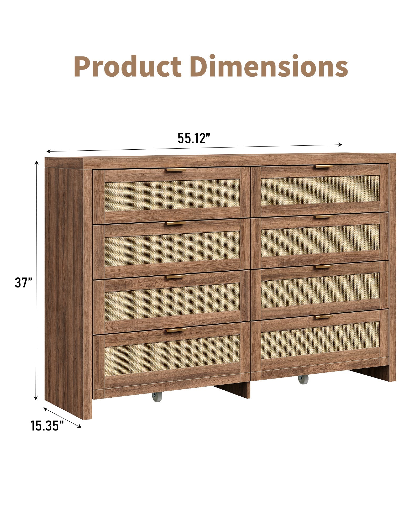 8 Large Drawers Dresser, 55” Rattan Dresser with Ample Storage- Yanosaku