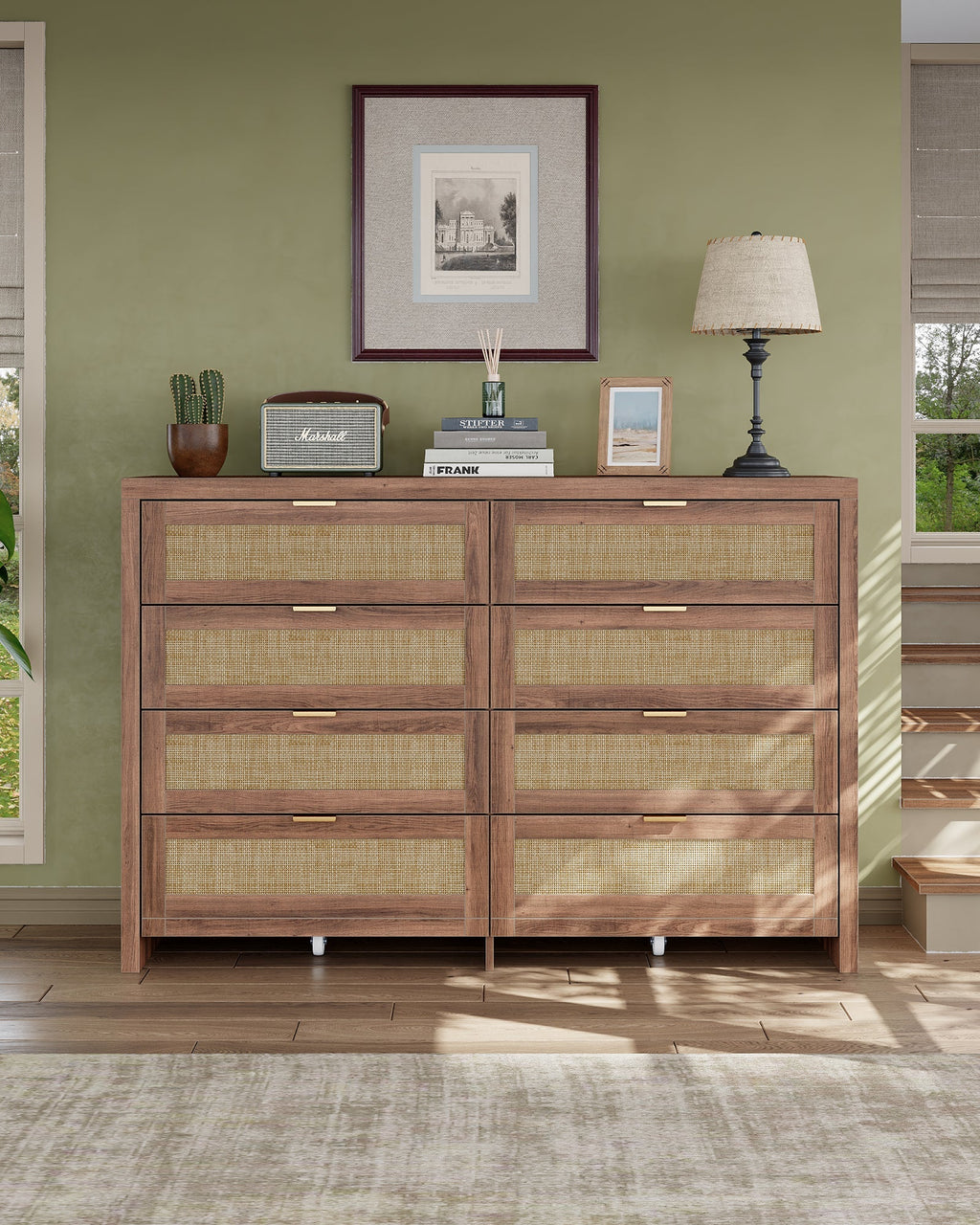 8 Large Drawers Dresser, 55” Rattan Dresser with Ample Storage- Yanosaku