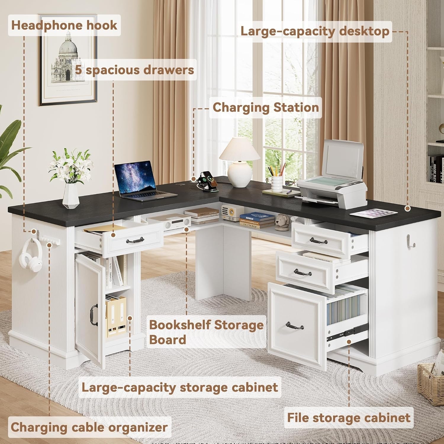 Bead board Two Tone White Black L Shaped Desk 59 Inch Wide-1