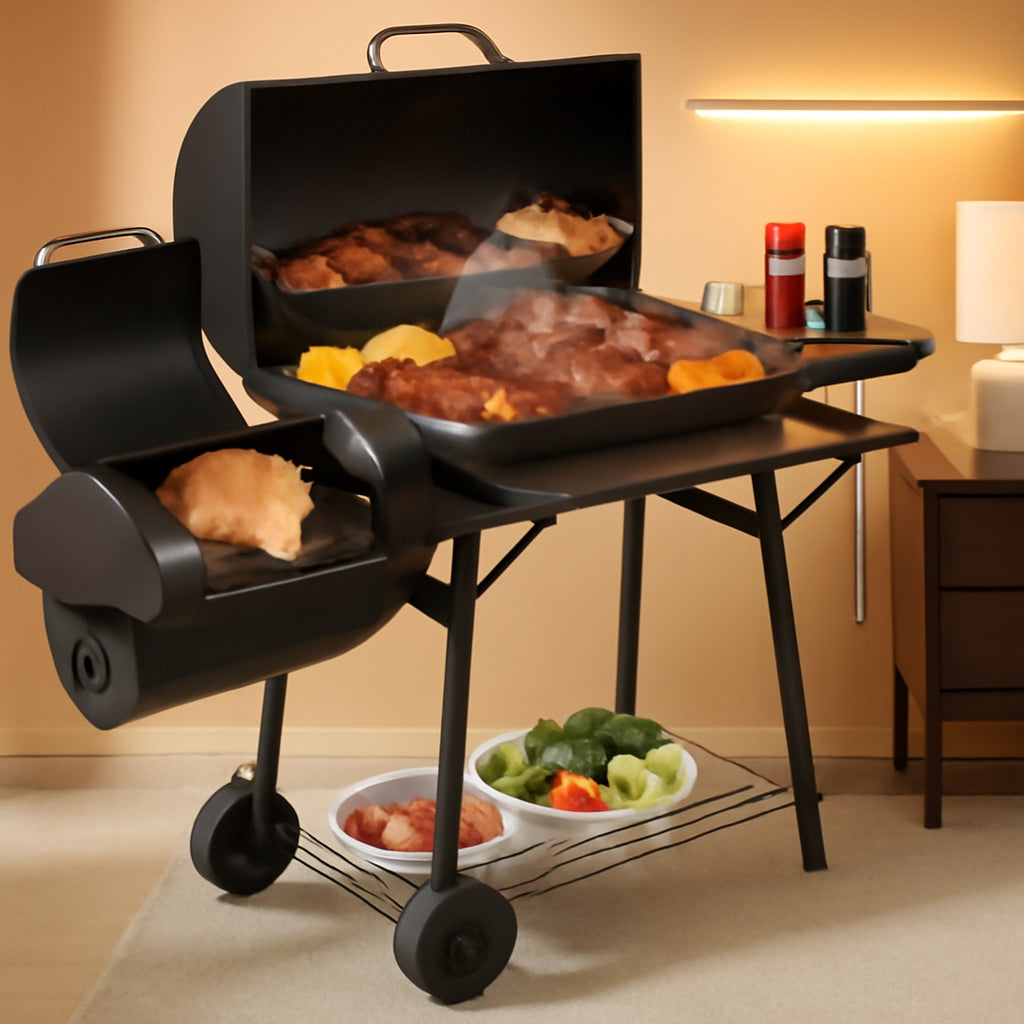 Barrel Charcoal Grill With Offset Smoker Large Capacity-0