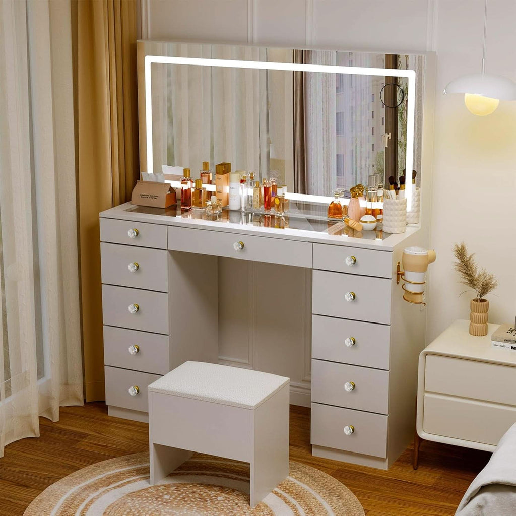 Elegant Translucent White Glass Vanity Desk Storage-4